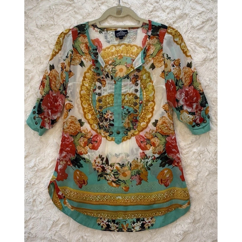 Angie Womens Small Floral Print Blouse Button Design Teal Pink White Gold